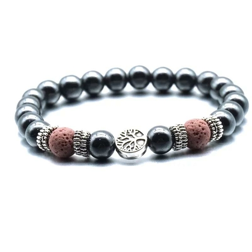 Pink Tree of Life Lava Stone Metal Bracelet