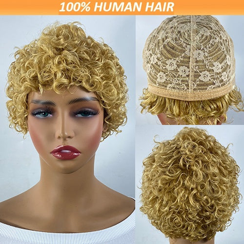 Curly Real Human Hair Wigs For Women, Curly Pixie Cut Wigs,