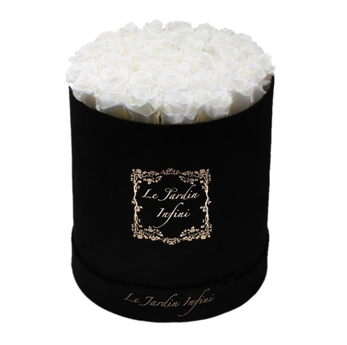 White Preserved Roses – Large Round Luxury Black Suede Box