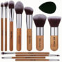 11Pcs Bamboo Makeup Brush Set With Storage Bag And Makeup Sponge