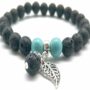 Black and Turquoise Feather Charm Lava Stone Essential Oil Bracelet