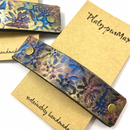 Wildflowers Rustic Stamped Leather Hair Barrette – Gold, Pink & Blue