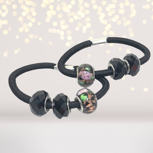 Glistening Beads Hair Ties, Black Glass Bead Hair Elastic, Pink Bead
